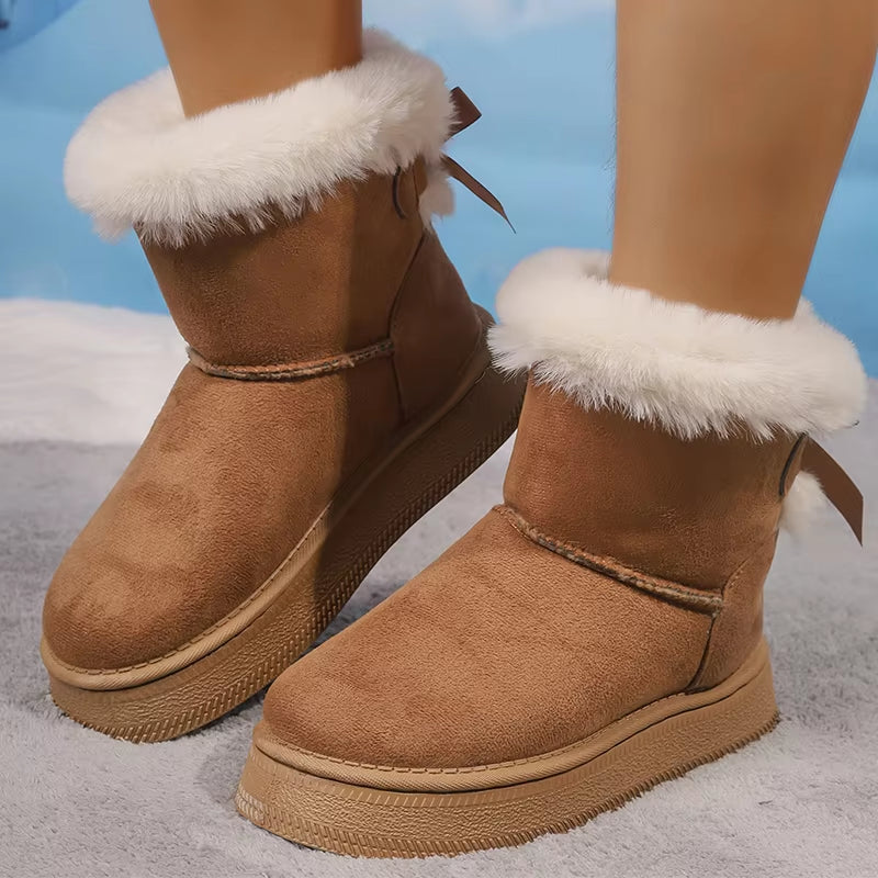 Winter Faux Suede Women Fluffy Snow Boots Warm Plush Platform Ankle Booties Woman Bow Slip on Cotton Boots 36-42