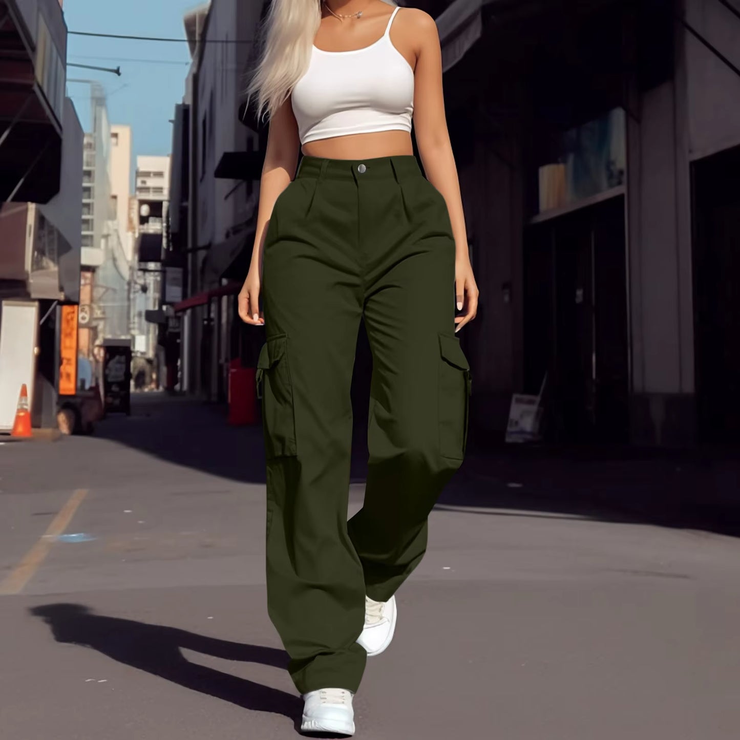 2024 Trendy Women Wide Leg Cargo Pants Street Vibes Flap Pockets Drawstring Ruched High Waist Parachute Women Pants