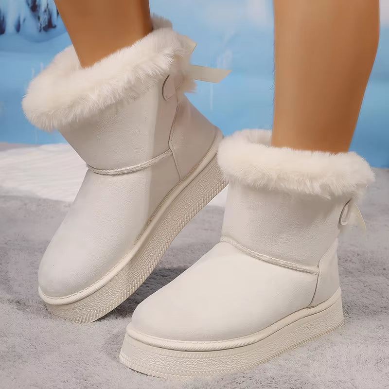 Winter Faux Suede Women Fluffy Snow Boots Warm Plush Platform Ankle Booties Woman Bow Slip on Cotton Boots 36-42