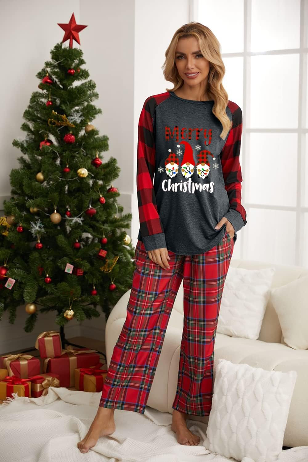 Christmas Shirt Women Gnomes T-Shirt Plaid Splicing Raglan Long Sleeve Tee Christmas Holiday Tops