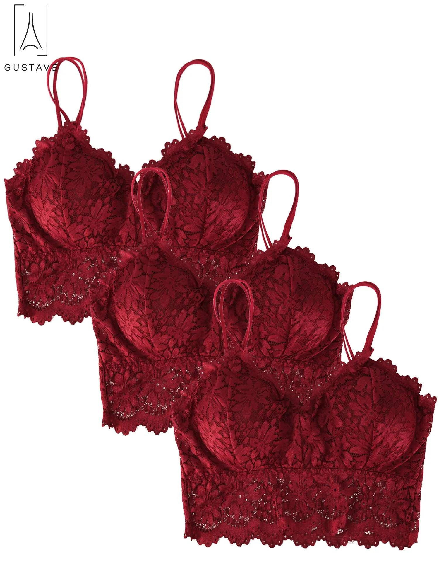 3 Pack Women Sexy Lace Padded Camisole V Neck Crochet Bralette Half Bra Spaghetti Strap Crop Tops Vest "Red, L"