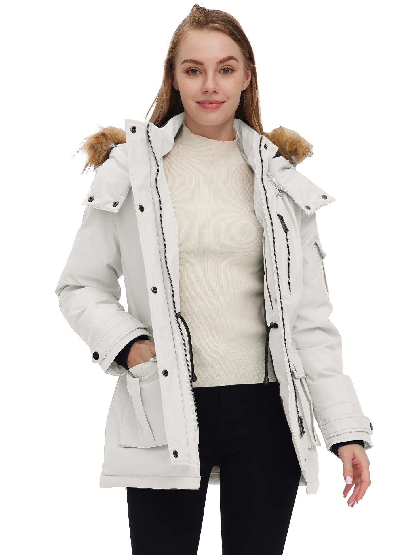 Women'S Winter Coat Hooded Winter Jacket Insulated Winter Parka Grayish White S